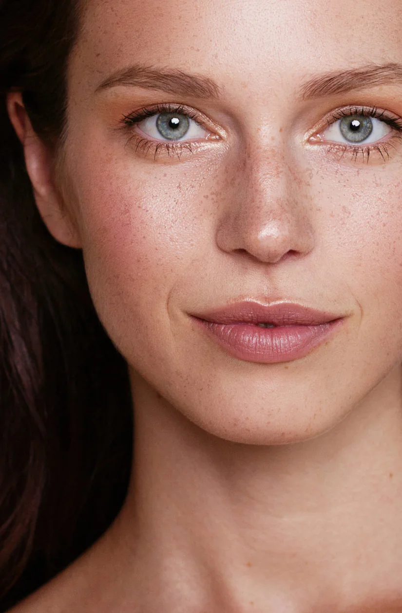 Close-up of a woman's face with clear, radiant skin. Her blue eyes and natural freckles are prominent, highlighting a healthy and glowing complexion. The image emphasises the smooth texture and even tone of her skin, reflecting effective skincare and beauty treatments.
